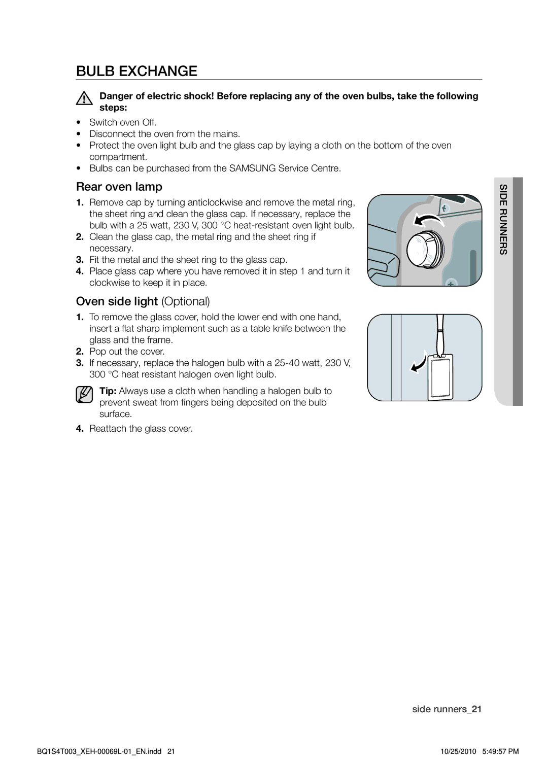 Samsung BQ1S4T003/XEH manual Bulb exchange, Rear oven lamp, Oven side light Optional 