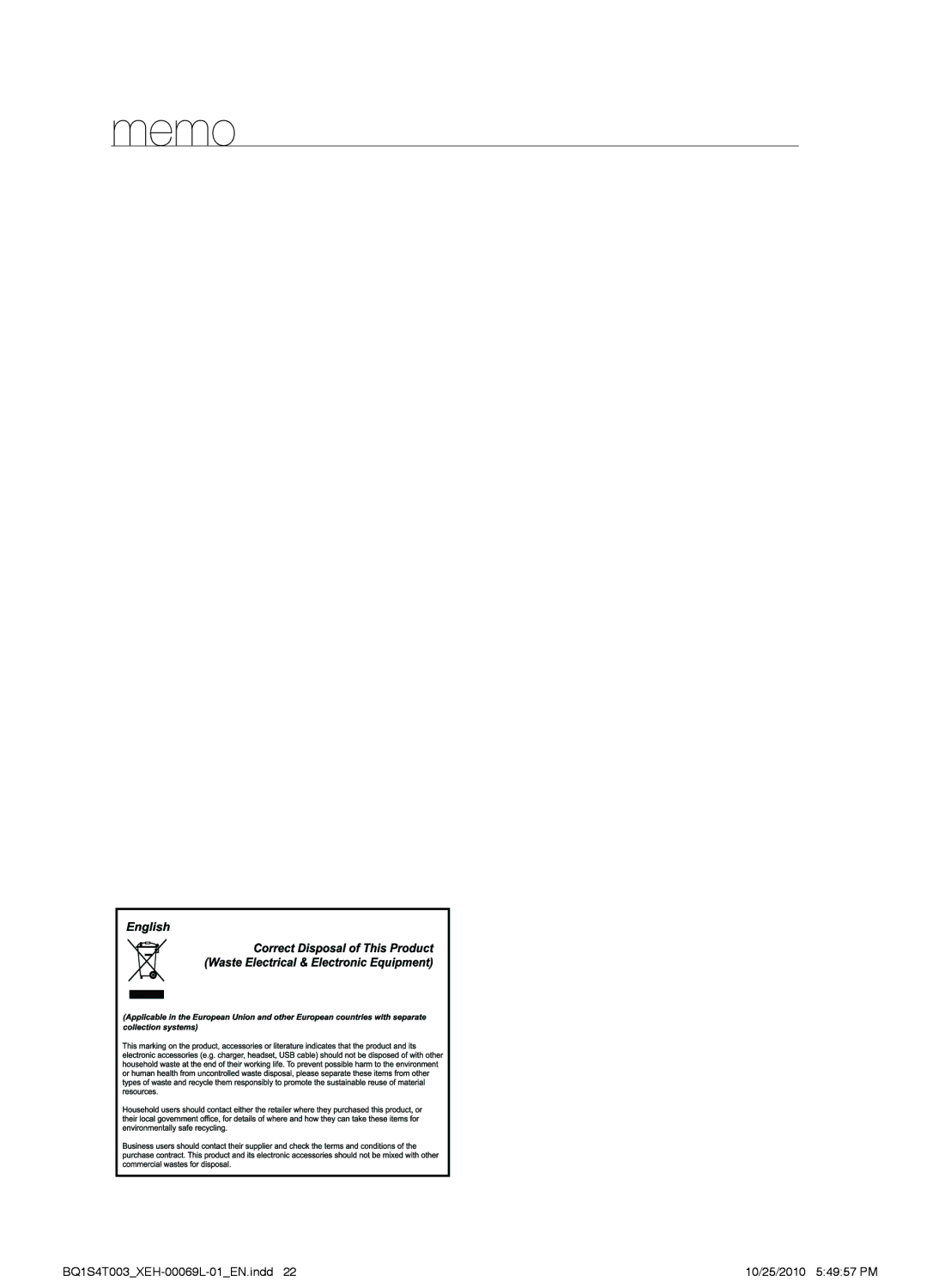 Samsung BQ1S4T003/XEH manual Memo 