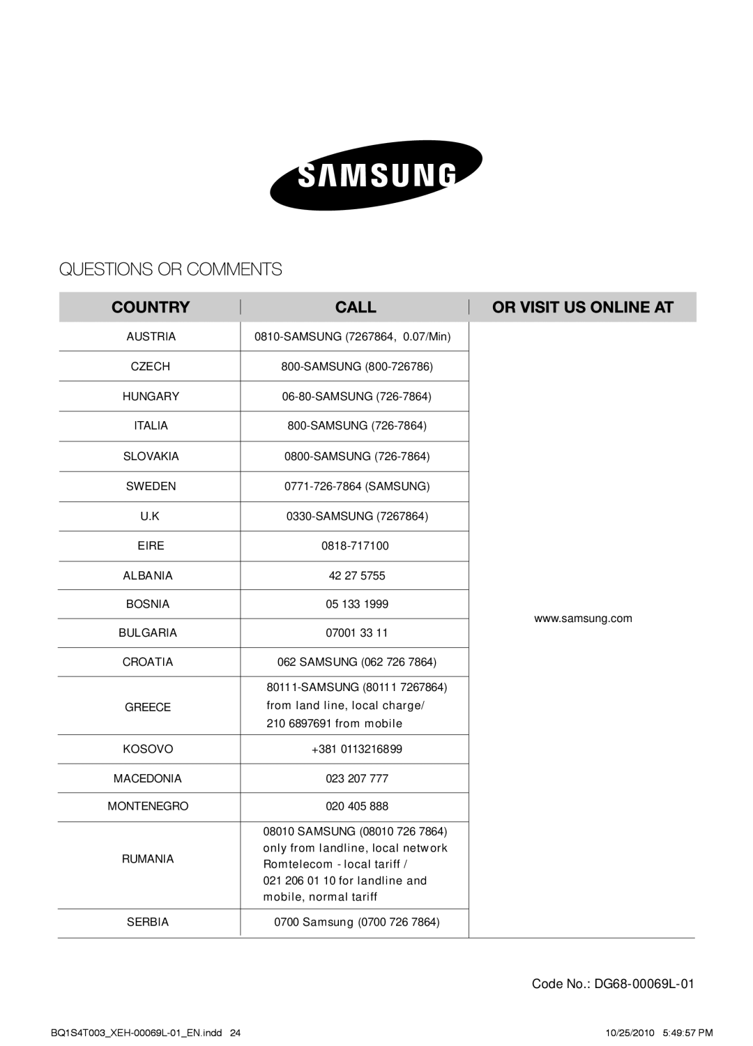 Samsung BQ1S4T003/XEH manual Code No. DG68-00069L-01 