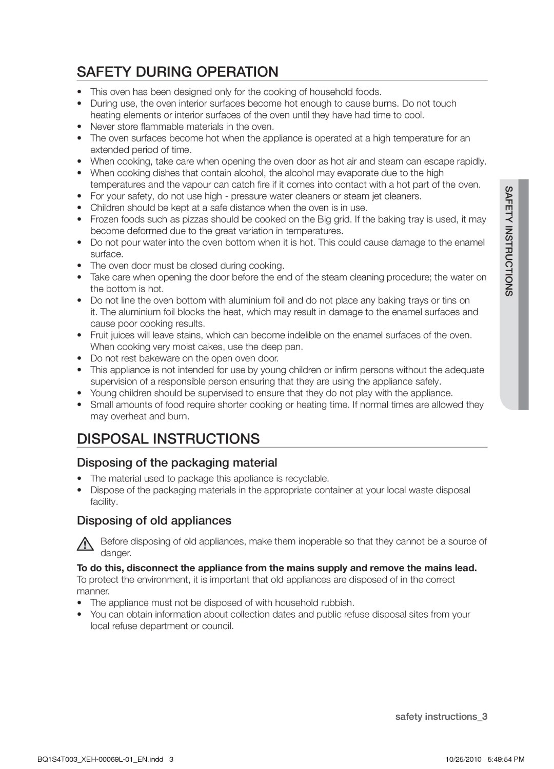 Samsung BQ1S4T003/XEH manual Safety during operation, Disposal instructions, Disposing of the packaging material 