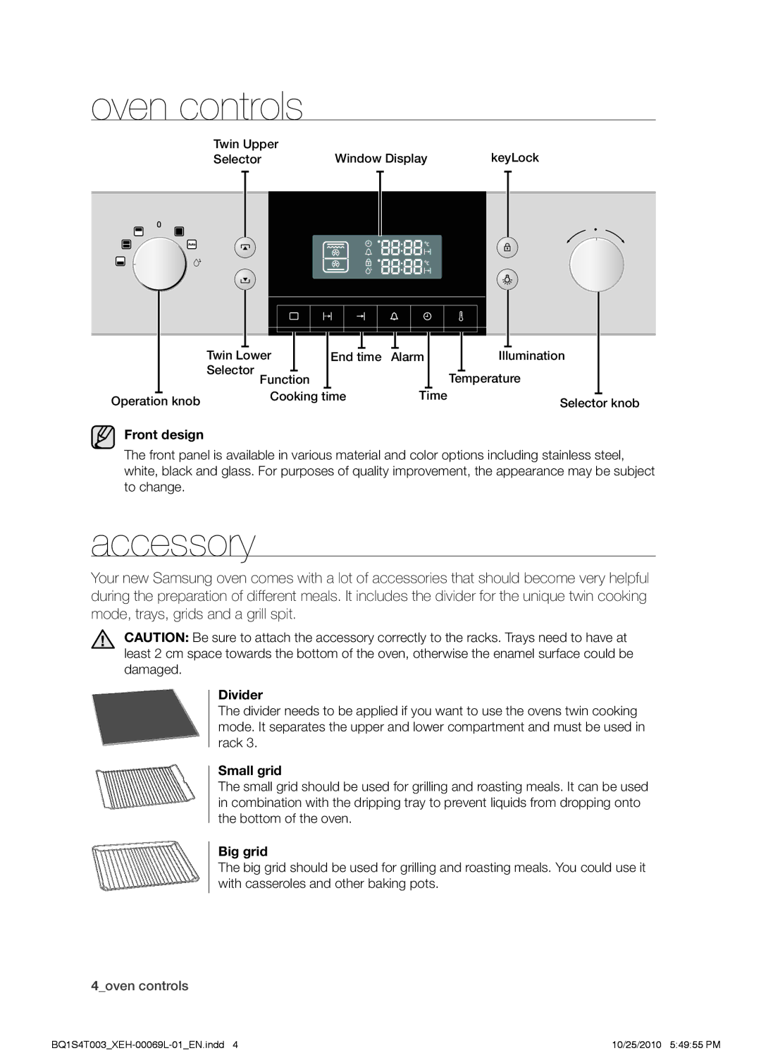 Samsung BQ1S4T003/XEH manual Oven controls, Accessory 