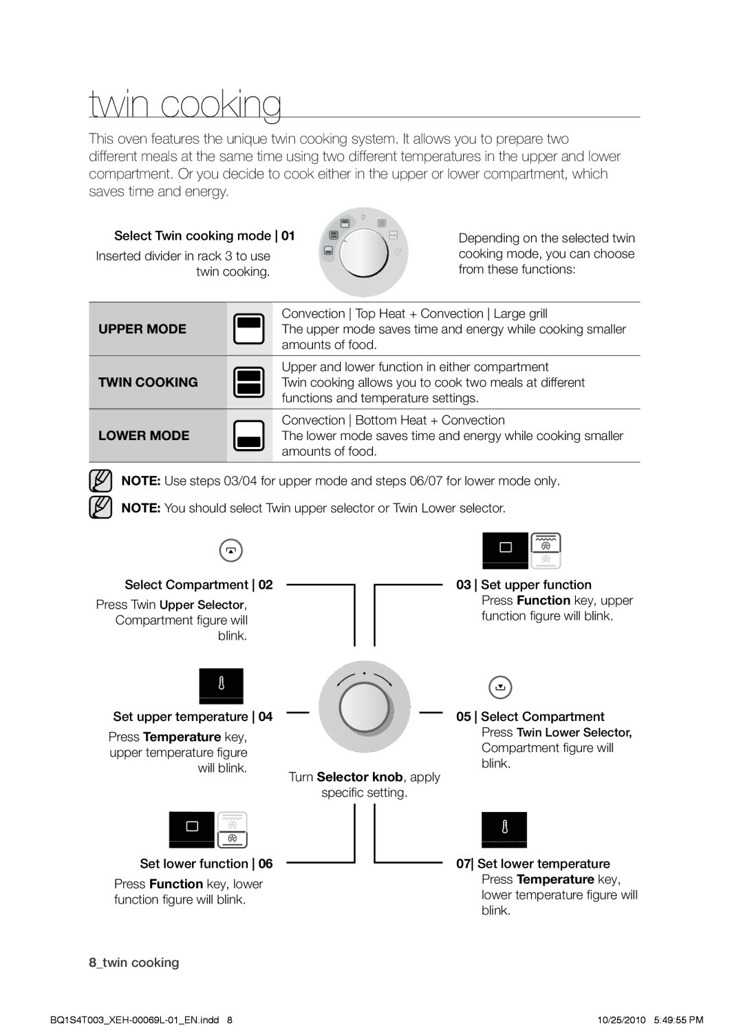 Samsung BQ1S4T003/XEH manual Twin cooking, Press Temperature key 