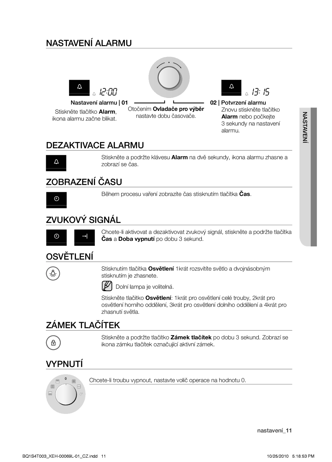 Samsung BQ1S4T003/XEH Nastavení alarmu, Dezaktivace alarmu, Zobrazení času, Zvukový signál, Osvětlení, Zámek tlačítek 