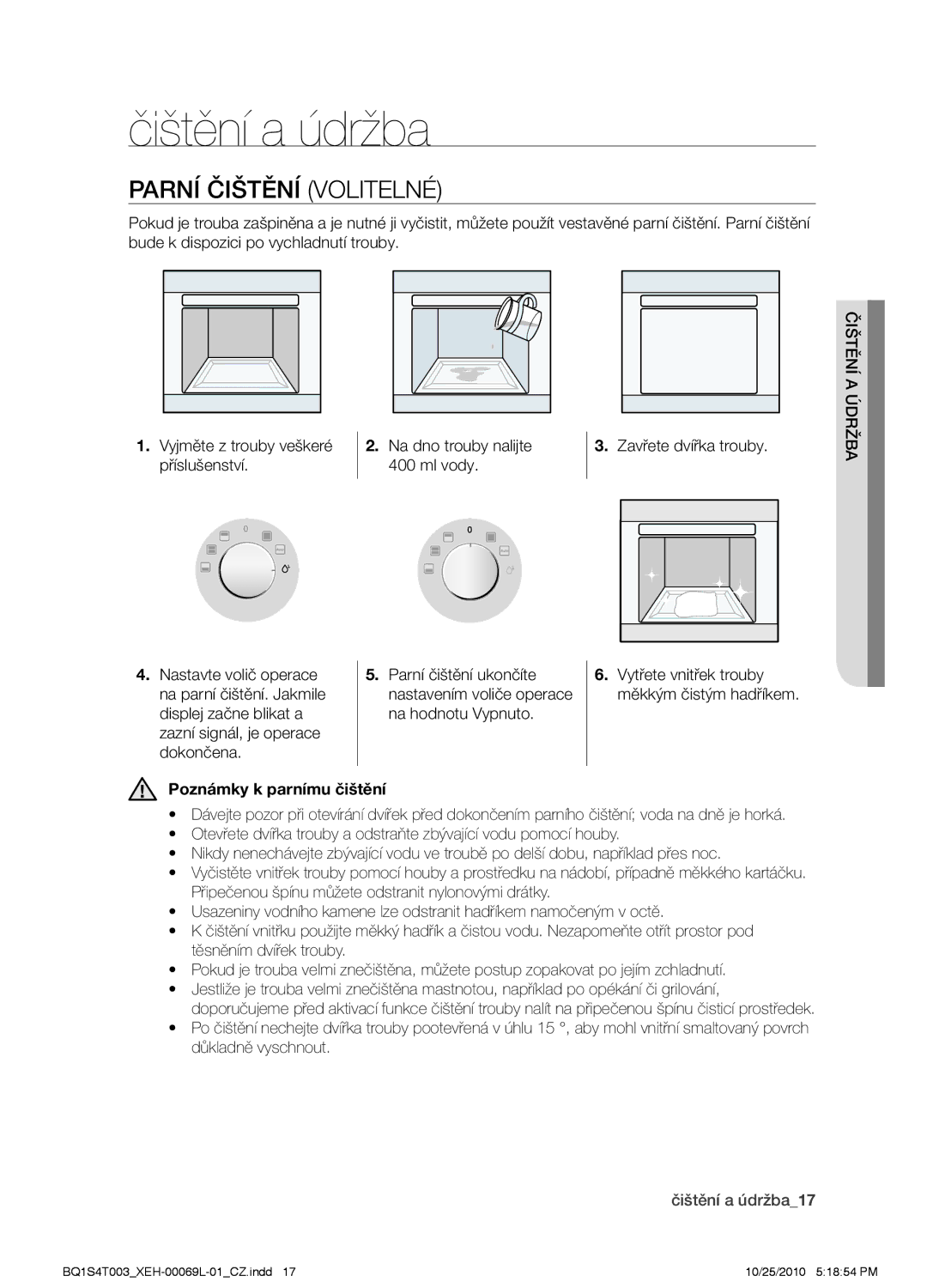 Samsung BQ1S4T003/XEH manual Čištění a údržba, Parní čištění volitelné, Poznámky k parnímu čištění, Žb tění ačišúdr 