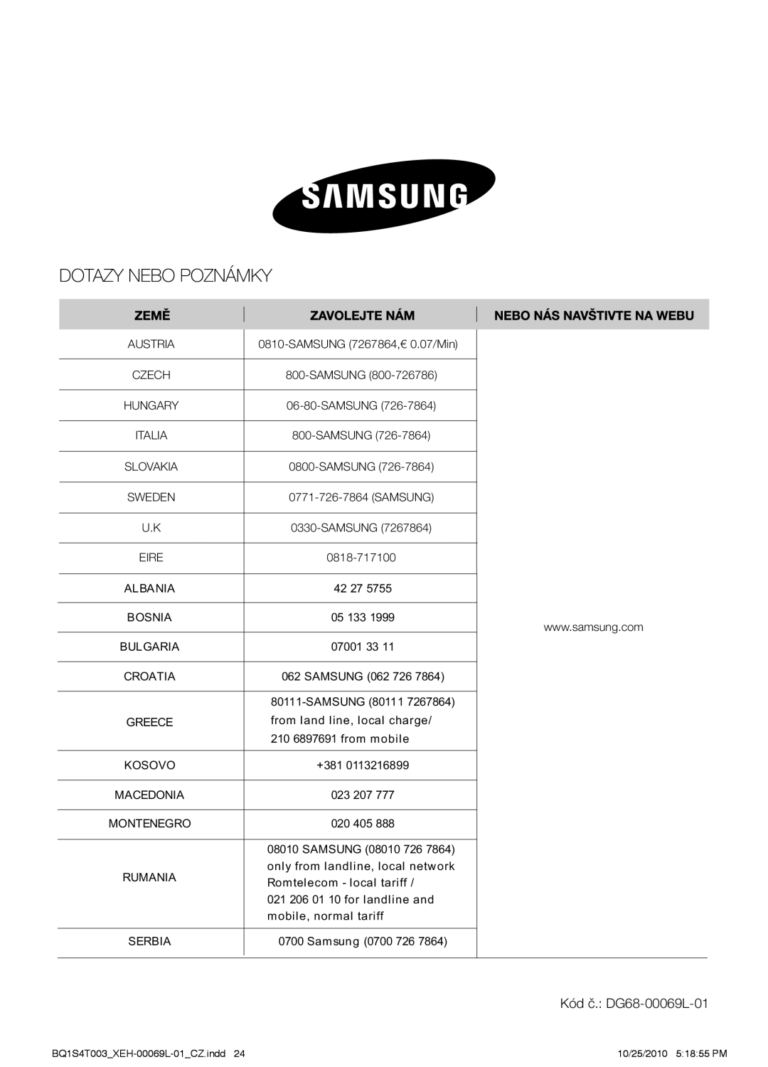 Samsung BQ1S4T003/XEH manual Kód č. DG68-00069L-01, Austria 