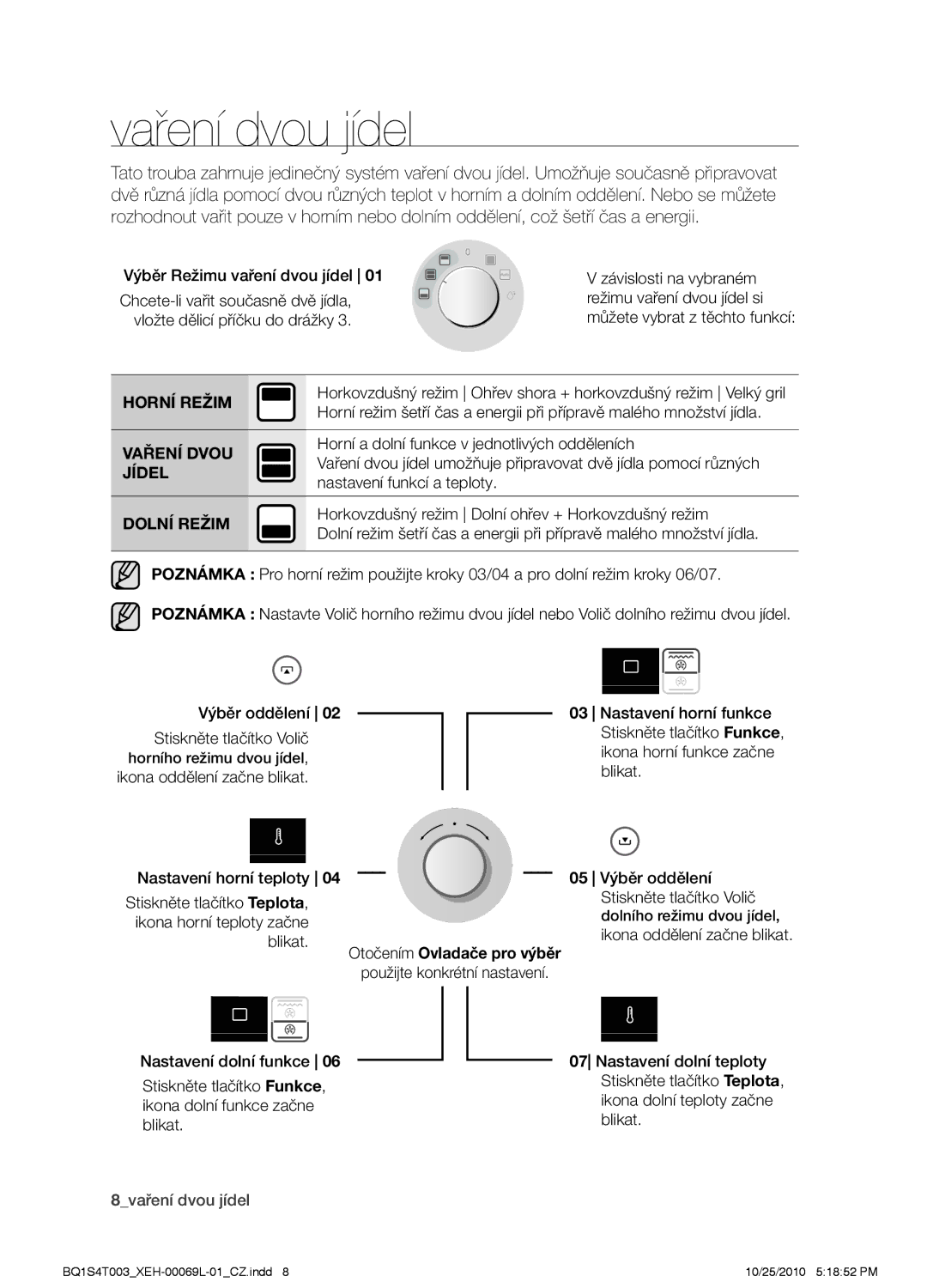 Samsung BQ1S4T003/XEH manual Vaření dvou jídel, Horní Režim, Vaření Dvou, Jídel, Dolní Režim 