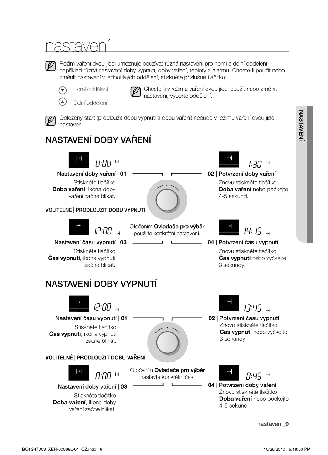 Samsung BQ1S4T003/XEH manual Nastavení doby vaření, Nastavení doby vypnutí, Volitelné Prodloužit Dobu Vaření 