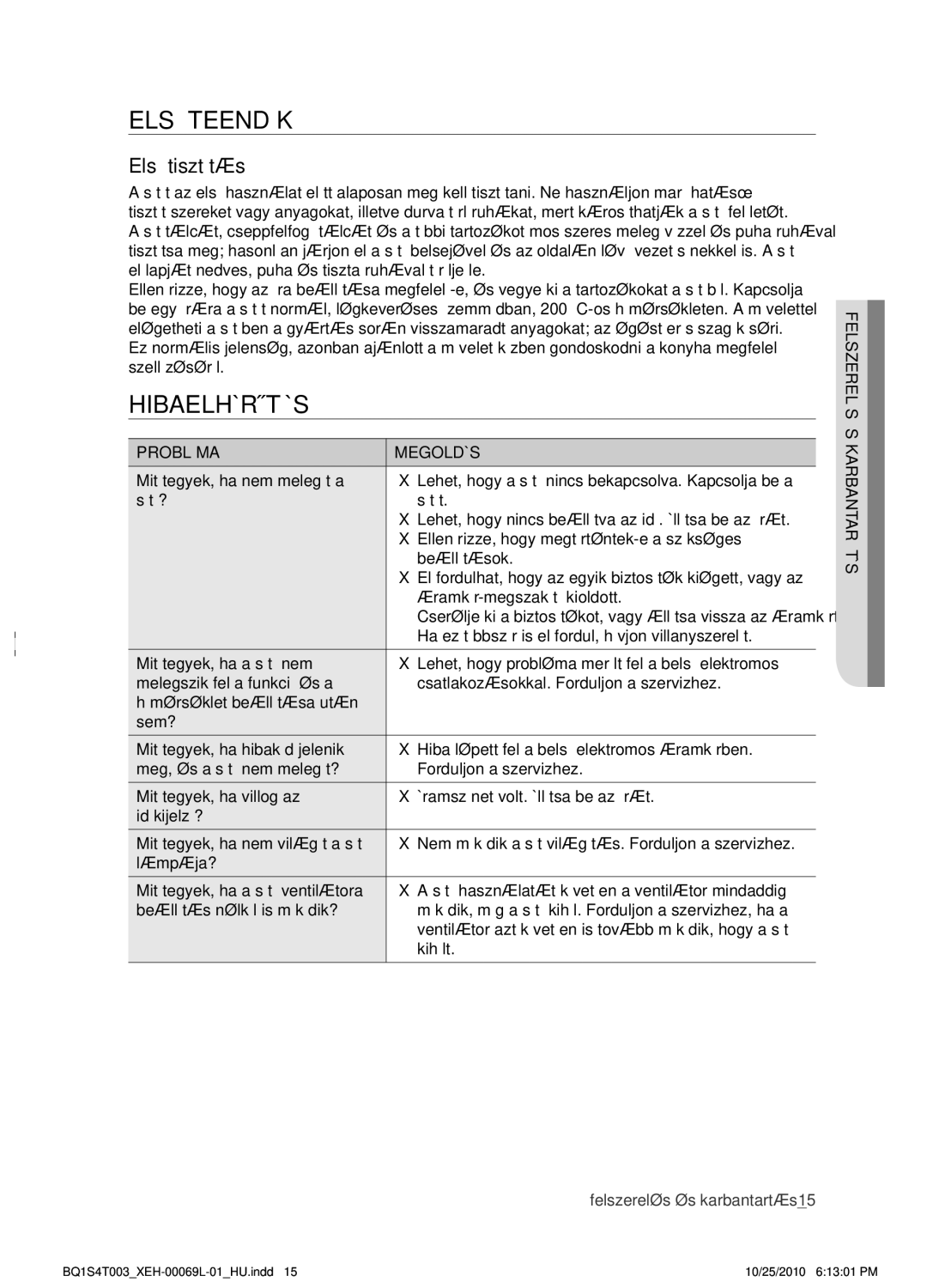 Samsung BQ1S4T003/XEH manual Első teendők, Hibaelhárítás, Első tisztítás, Probléma Megoldás 