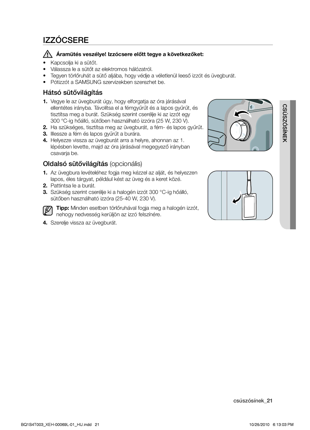 Samsung BQ1S4T003/XEH manual Izzócsere, Hátsó sütővilágítás, Oldalsó sütővilágítás opcionális 