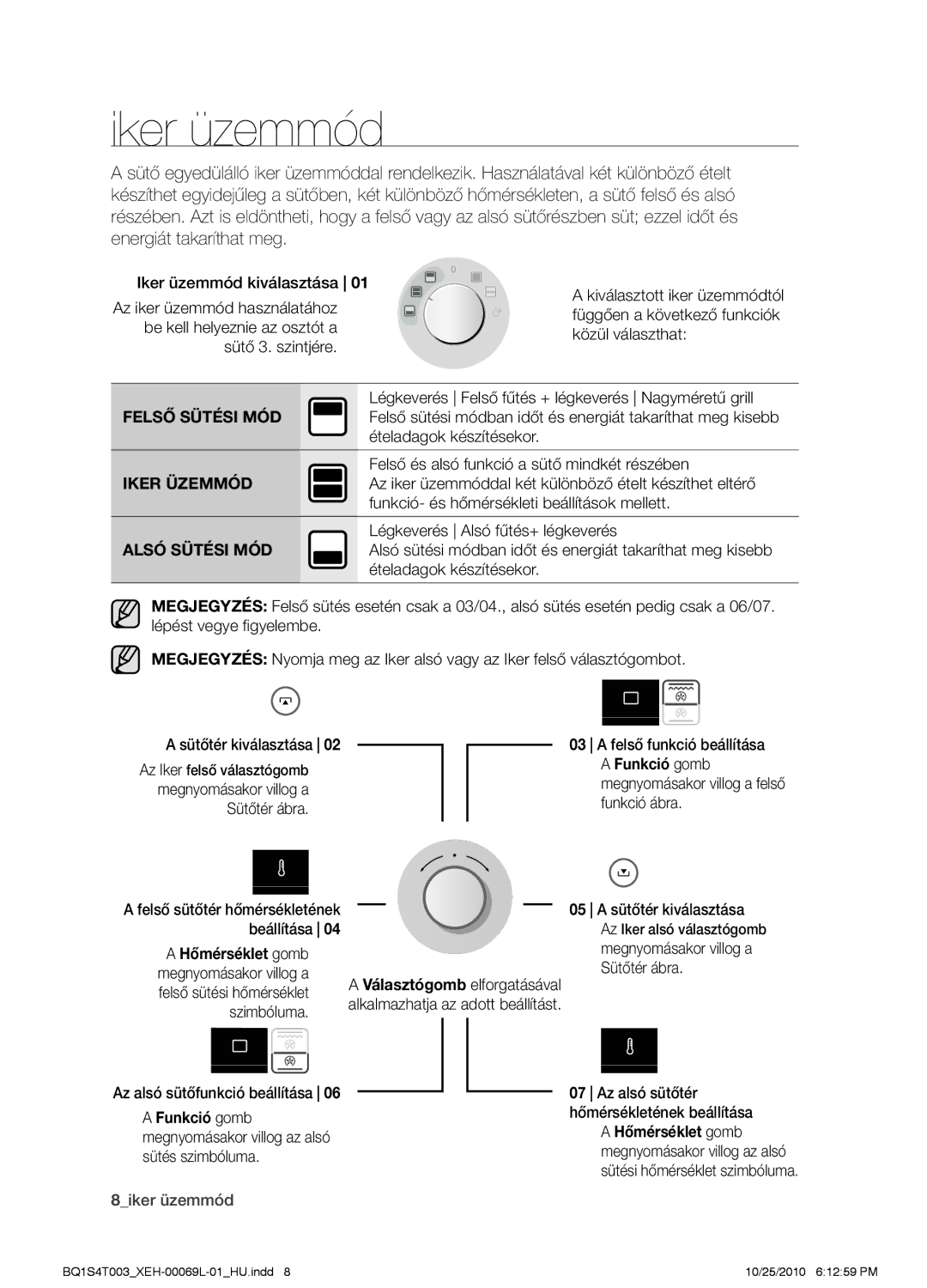 Samsung BQ1S4T003/XEH manual Iker üzemmód, Funkció gomb megnyomásakor villog az alsó sütés szimbóluma 