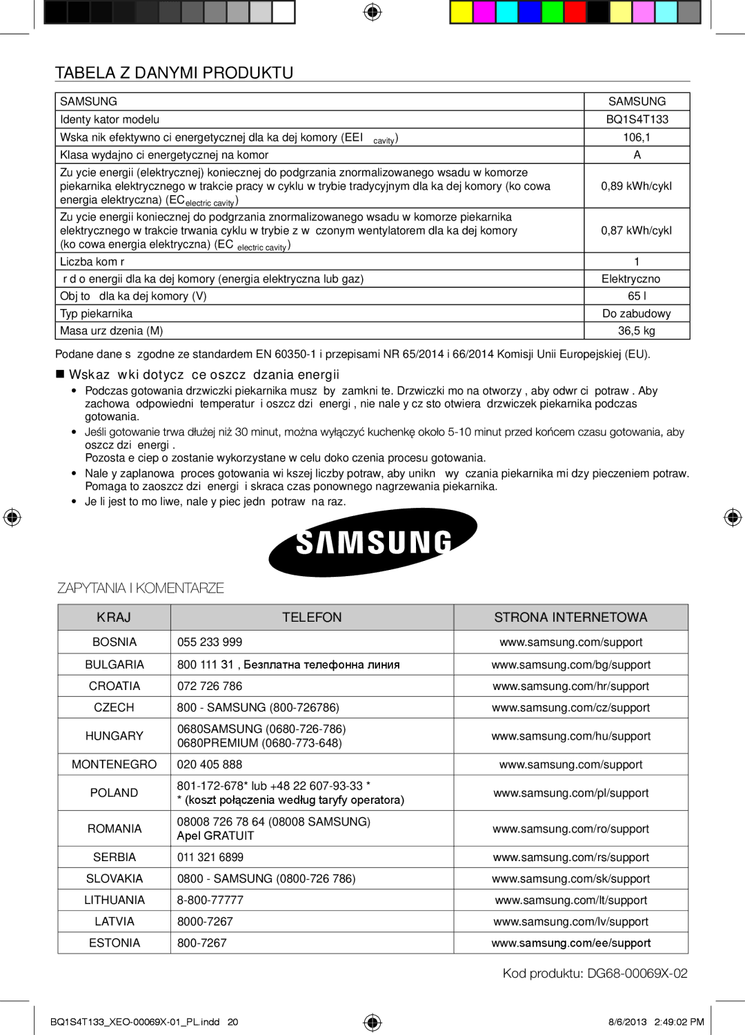 Samsung BQ1S4T133/XEO manual  Wskazówki dotyczące oszczędzania energii, Kraj Telefon Strona Internetowa 