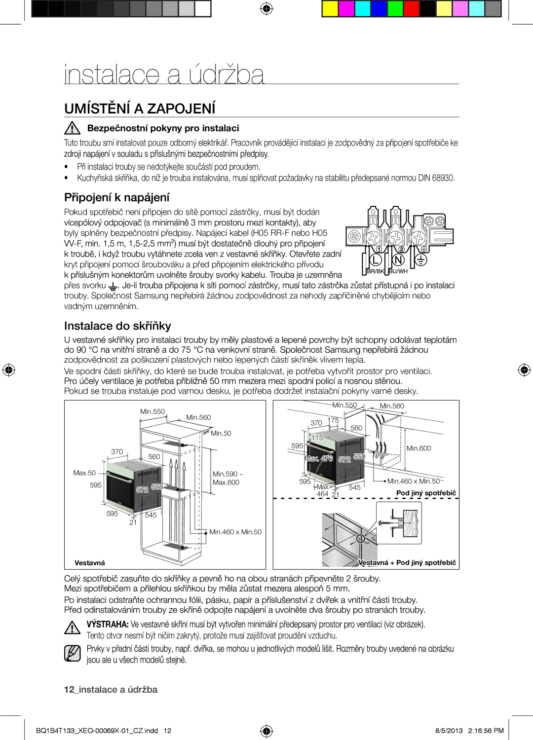 Samsung BQ1S4T133/XEO Instalace a údržba, Umístění a Zapojení, Instalace do skříňky, Bezpečnostní pokyny pro instalaci 