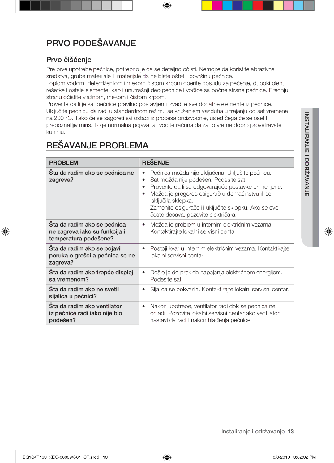 Samsung BQ1S4T133/XEO Prvo Podešavanje, Rešavanje Problema, Prvo čišćenje, Problem Rešenje, Instaliranje i održavanje 