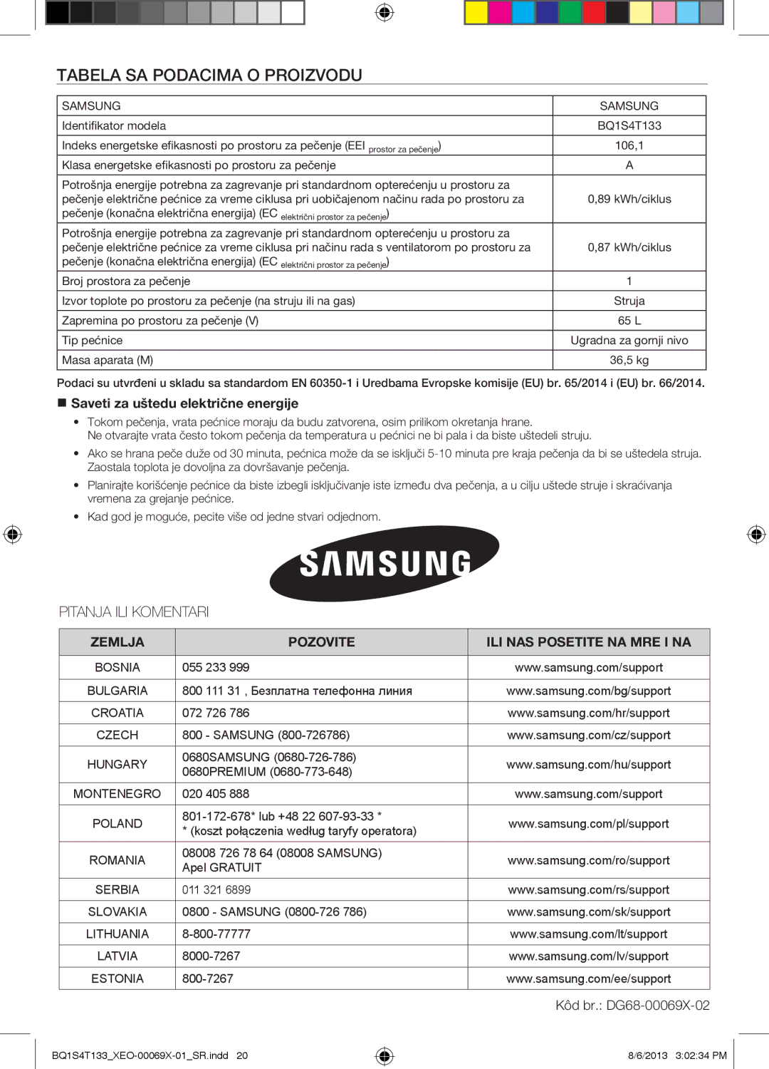 Samsung BQ1S4T133/XEO manual  Saveti za uštedu električne energije, Zemlja Pozovite ILI NAS Posetite NA MRE I NA 