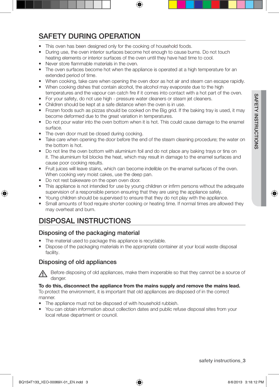 Samsung BQ1S4T133/XEO manual Safety During Operation, Disposal Instructions, Disposing of the packaging material 