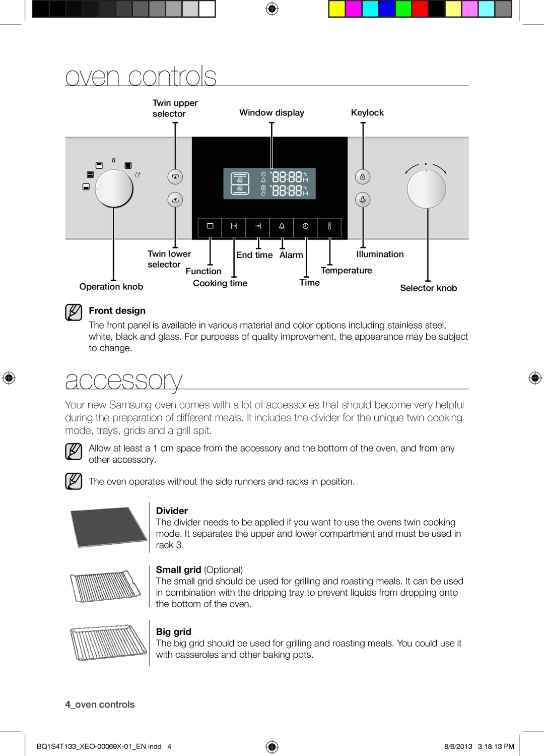 Samsung BQ1S4T133/XEO manual Oven controls, Accessory 