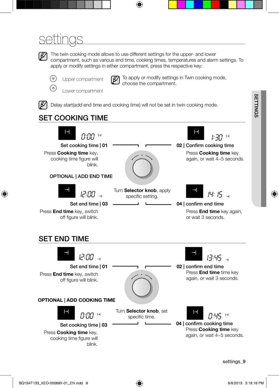 Samsung BQ1S4T133/XEO manual Settings, SET Cooking Time, SET END Time, Optional ADD Cooking Time 