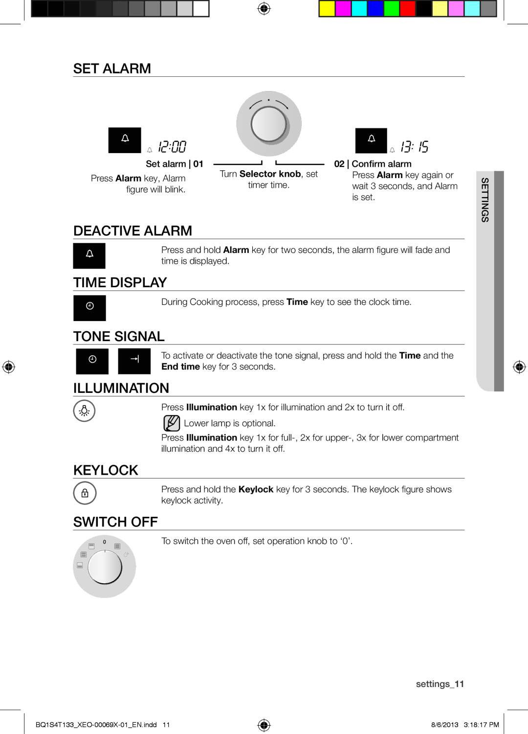 Samsung BQ1S4T133/XEO manual SET Alarm, Deactive Alarm, Time Display, Tone Signal, Illumination, Keylock, Switch OFF 