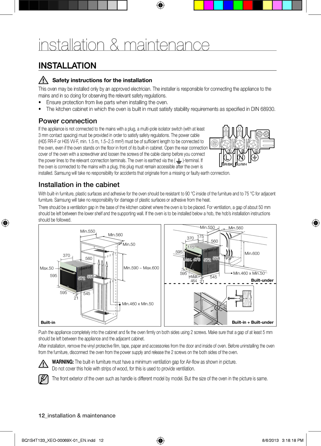 Samsung BQ1S4T133/XEO manual Installation & maintenance, Power connection, Installation in the cabinet 