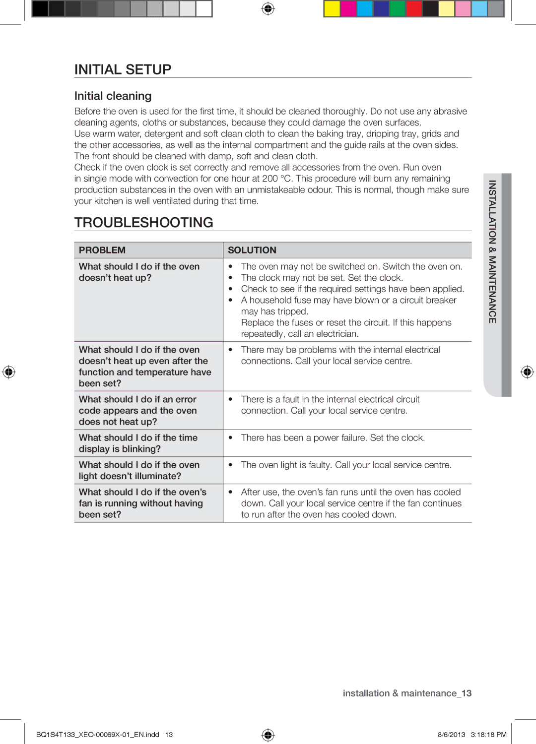 Samsung BQ1S4T133/XEO manual Initial Setup, Troubleshooting, Initial cleaning, Problem Solution 