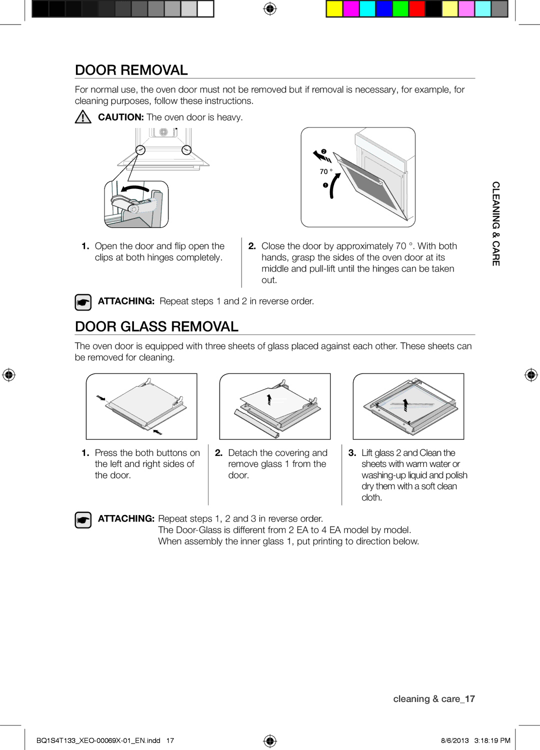 Samsung BQ1S4T133/XEO manual Door Removal, Door Glass Removal, Out, Attaching Repeat steps 1 and 2 in reverse order 