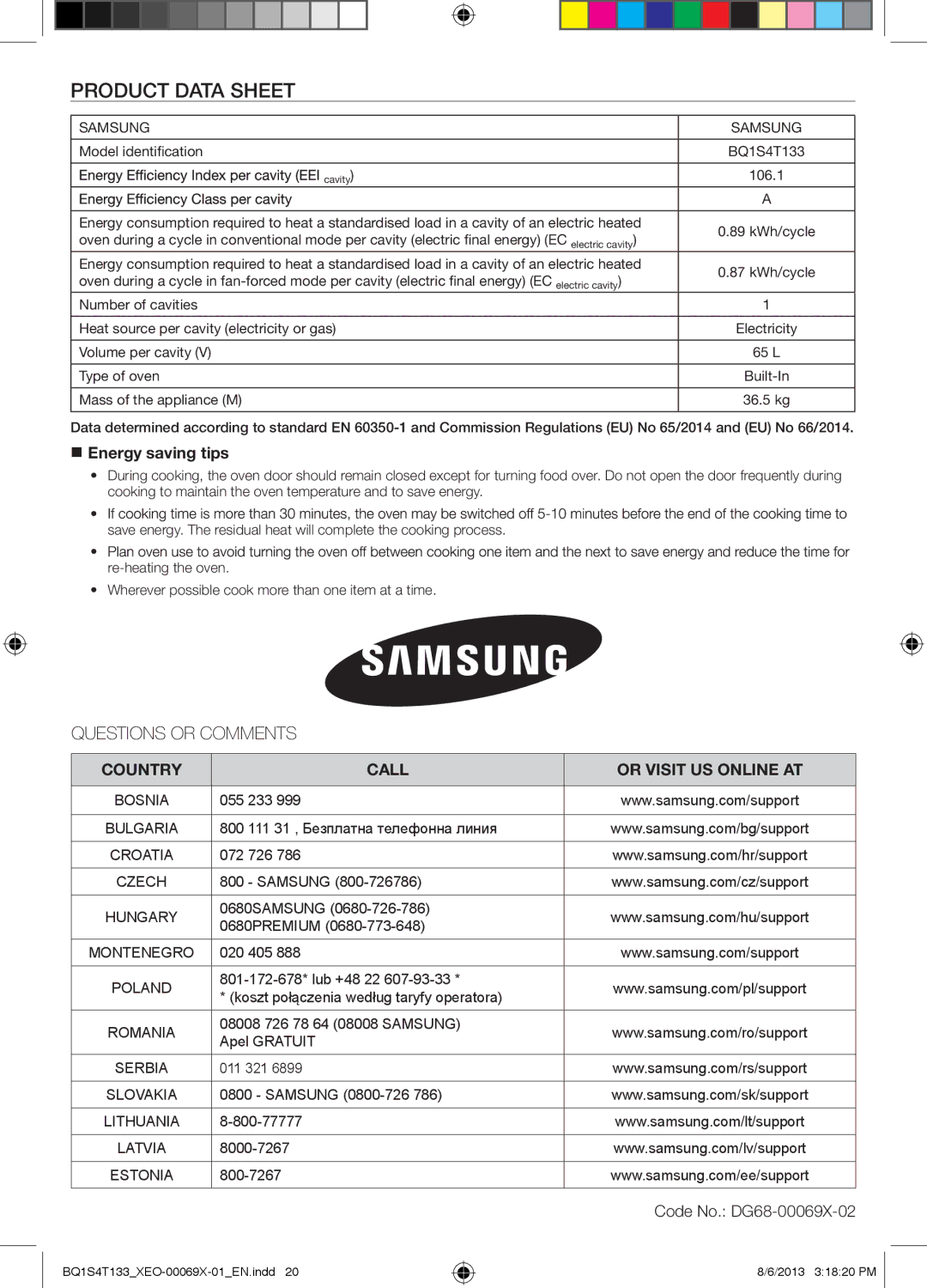 Samsung BQ1S4T133/XEO manual  Energy saving tips, Country Call Or Visit US Online AT, Code No. DG68-00069X-02 