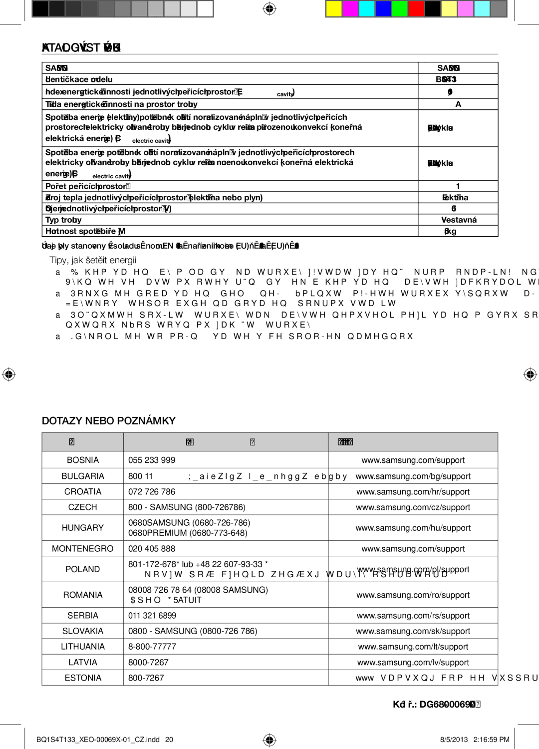 Samsung BQ1S4T133/XEO Katalogový list výrobKu,  Tipy, jak šetřit energii, Země Zavolejte NÁM Nebo NÁS Navštivte NA Webu 