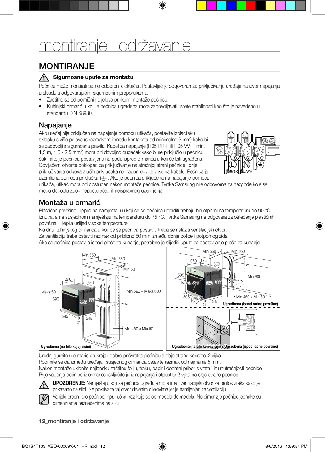 Samsung BQ1S4T133/XEO manual Montiranje i održavanje, Napajanje, Montaža u ormarić, Sigurnosne upute za montažu 