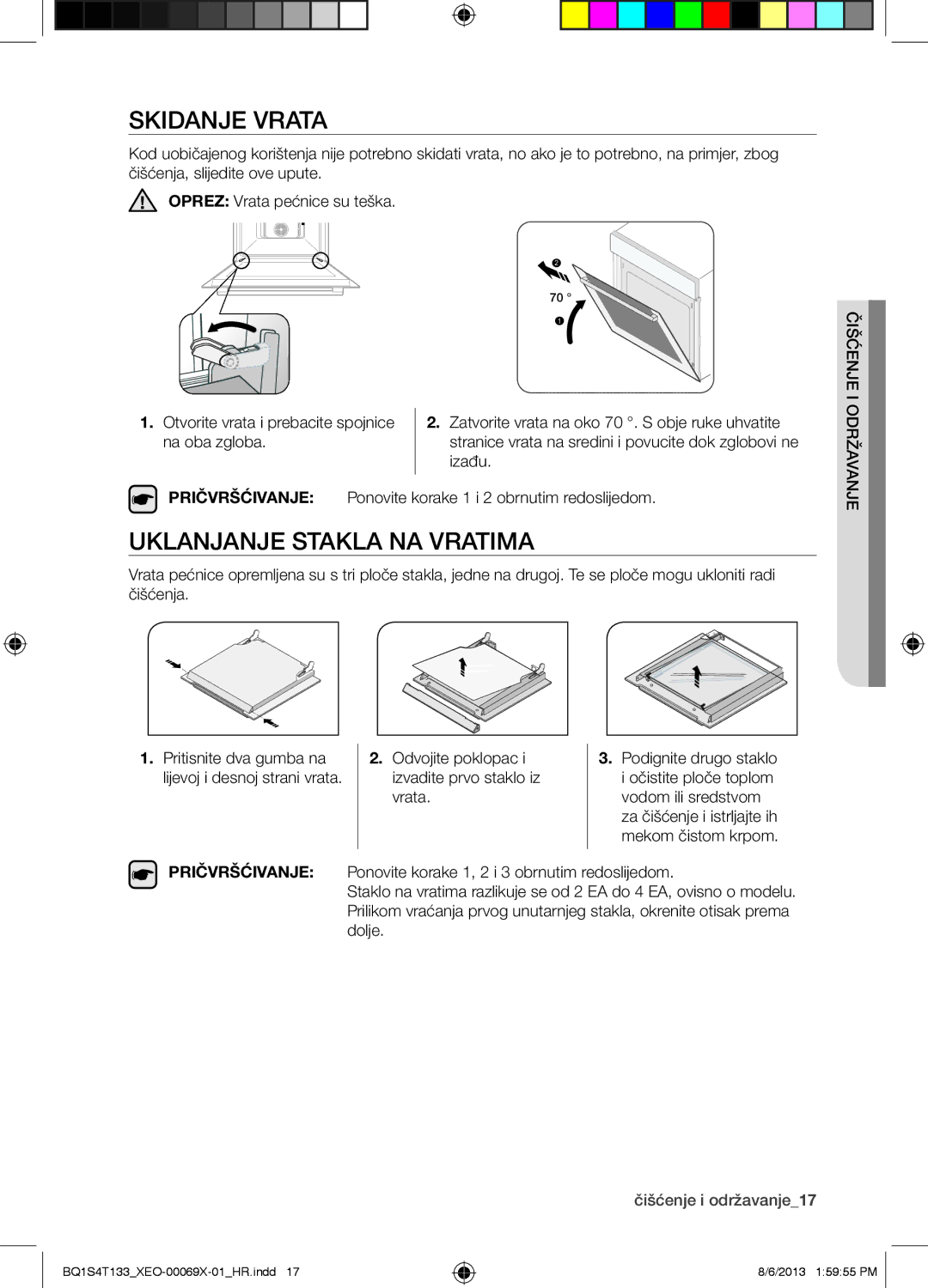 Samsung BQ1S4T133/XEO manual Skidanje Vrata, Uklanjanje Stakla NA Vratima, Pričvršćivanje 