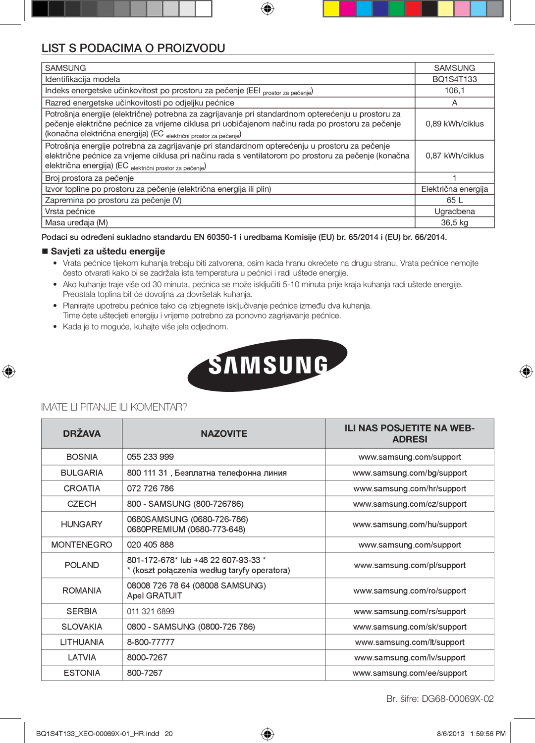 Samsung BQ1S4T133/XEO manual List s podacima o proizvodu,  Savjeti za uštedu energije 