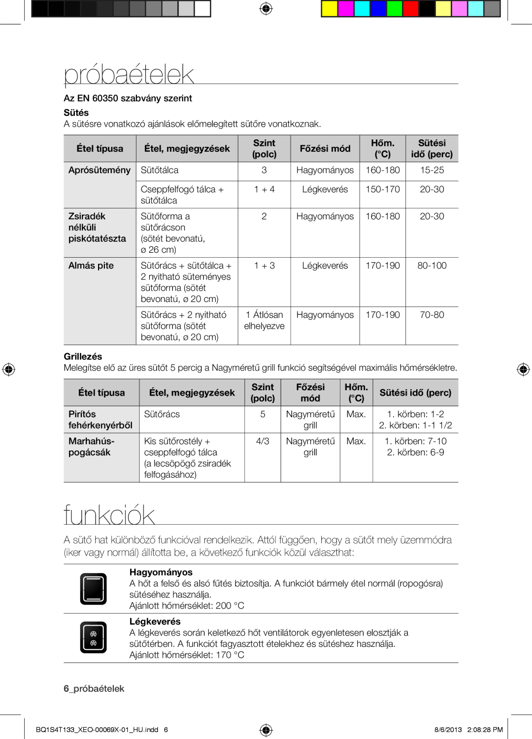 Samsung BQ1S4T133/XEO manual Próbaételek, Funkciók 