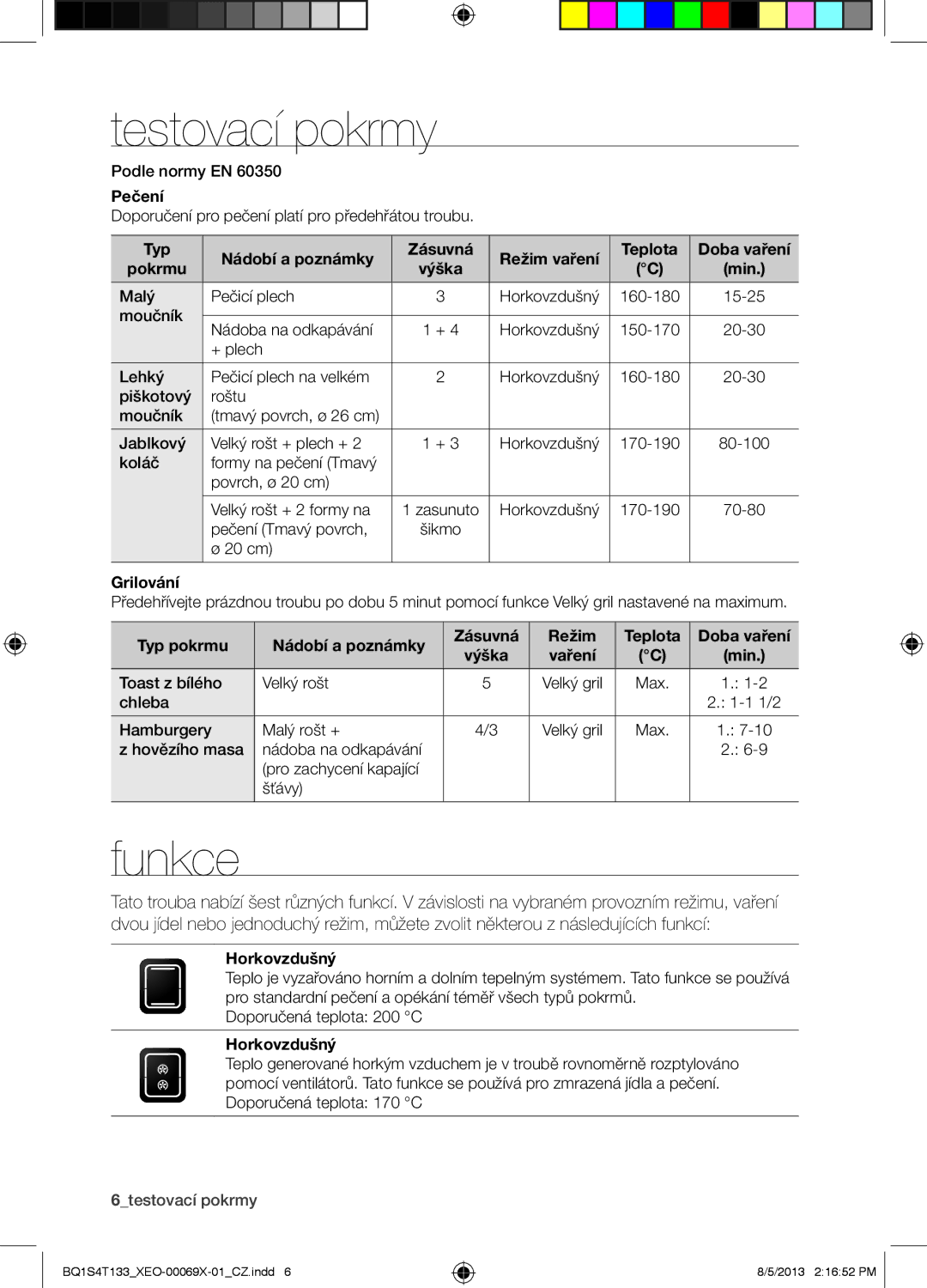 Samsung BQ1S4T133/XEO manual Testovací pokrmy, Funkce, Pečení, Grilování, Horkovzdušný 