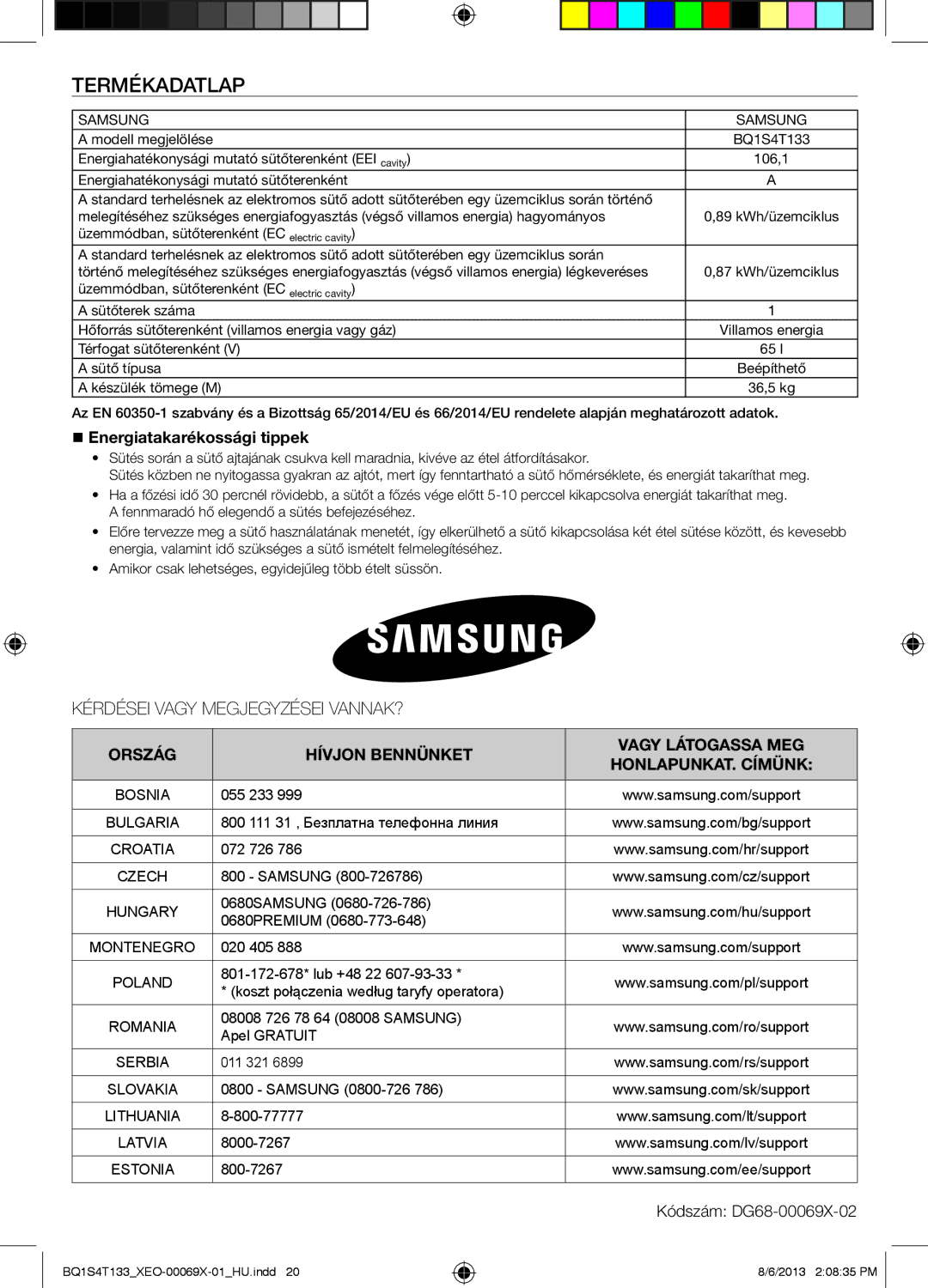 Samsung BQ1S4T133/XEO manual TermékadaTlap,  Energiatakarékossági tippek 