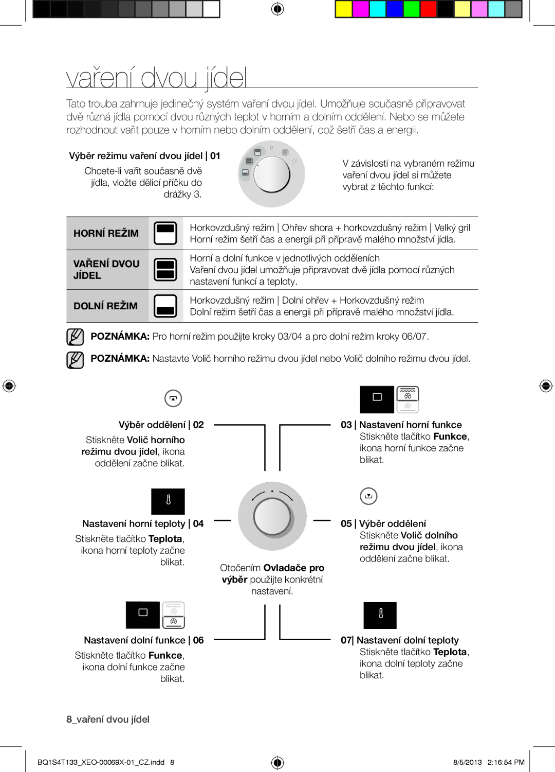 Samsung BQ1S4T133/XEO manual Vaření dvou jídel, Horní Režim, Vaření Dvou, Jídel, Dolní Režim 