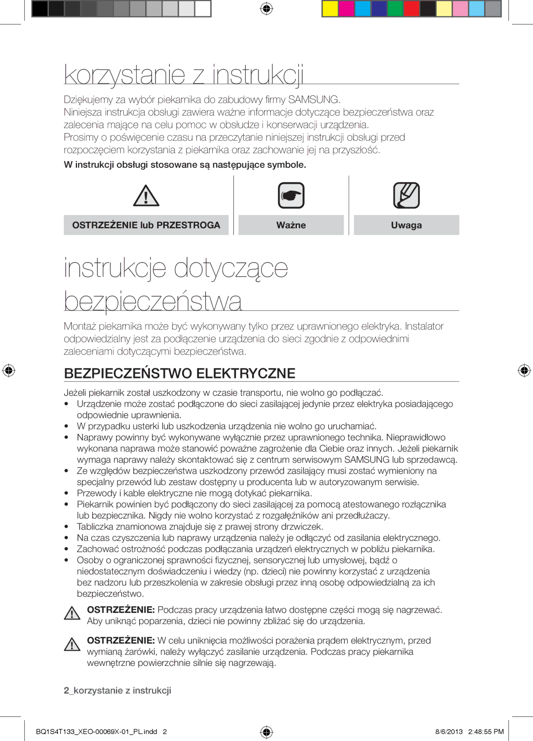 Samsung BQ1S4T133/XEO manual Korzystanie z instrukcji, Bezpieczeństwo Elektryczne, Ostrzeżenie lub Przestroga Ważne Uwaga 