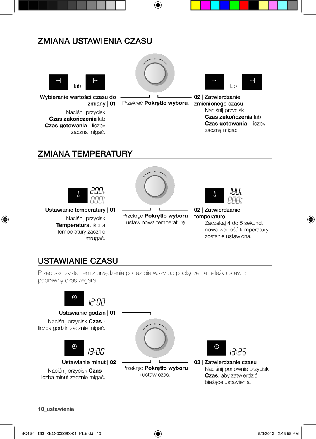 Samsung BQ1S4T133/XEO manual Zmiana Ustawienia Czasu, Zmiana Temperatury, Ustawianie Czasu 