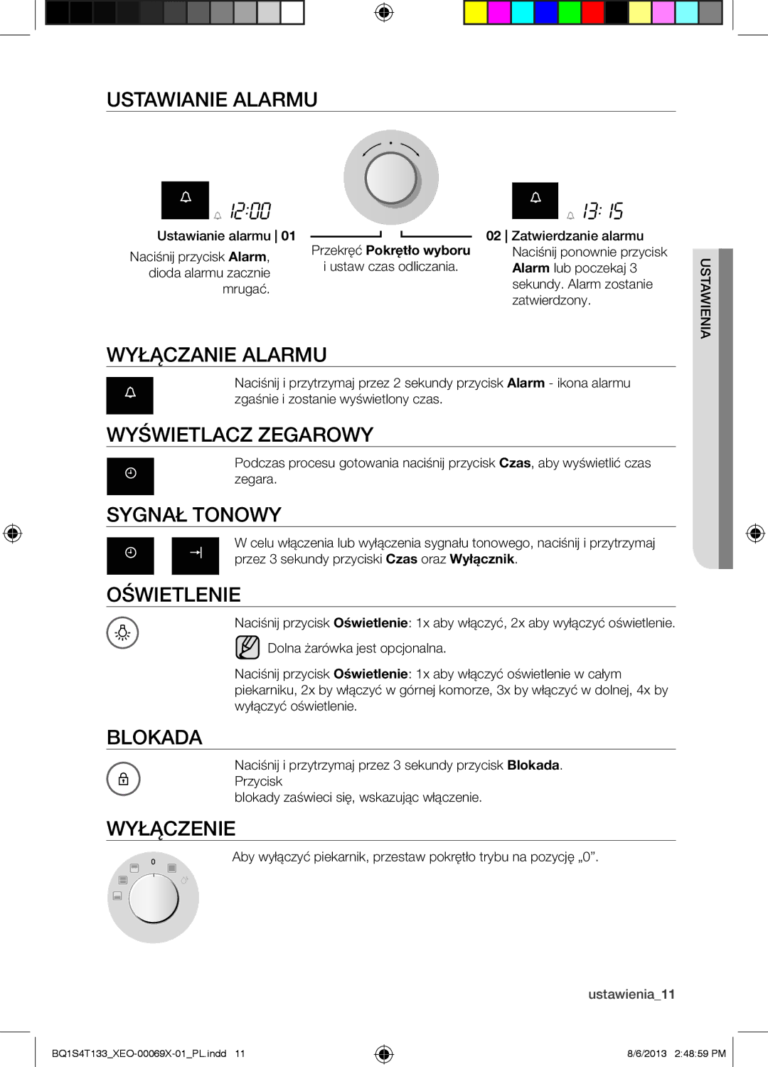 Samsung BQ1S4T133/XEO Ustawianie Alarmu, Wyłączanie Alarmu, Wyświetlacz Zegarowy, Sygnał Tonowy, Oświetlenie, Blokada 