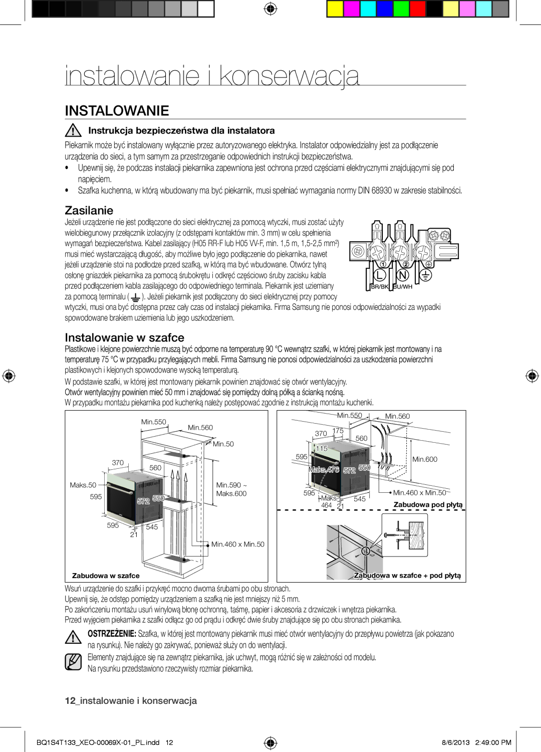 Samsung BQ1S4T133/XEO manual Instalowanie i konserwacja, Zasilanie, Instalowanie w szafce 