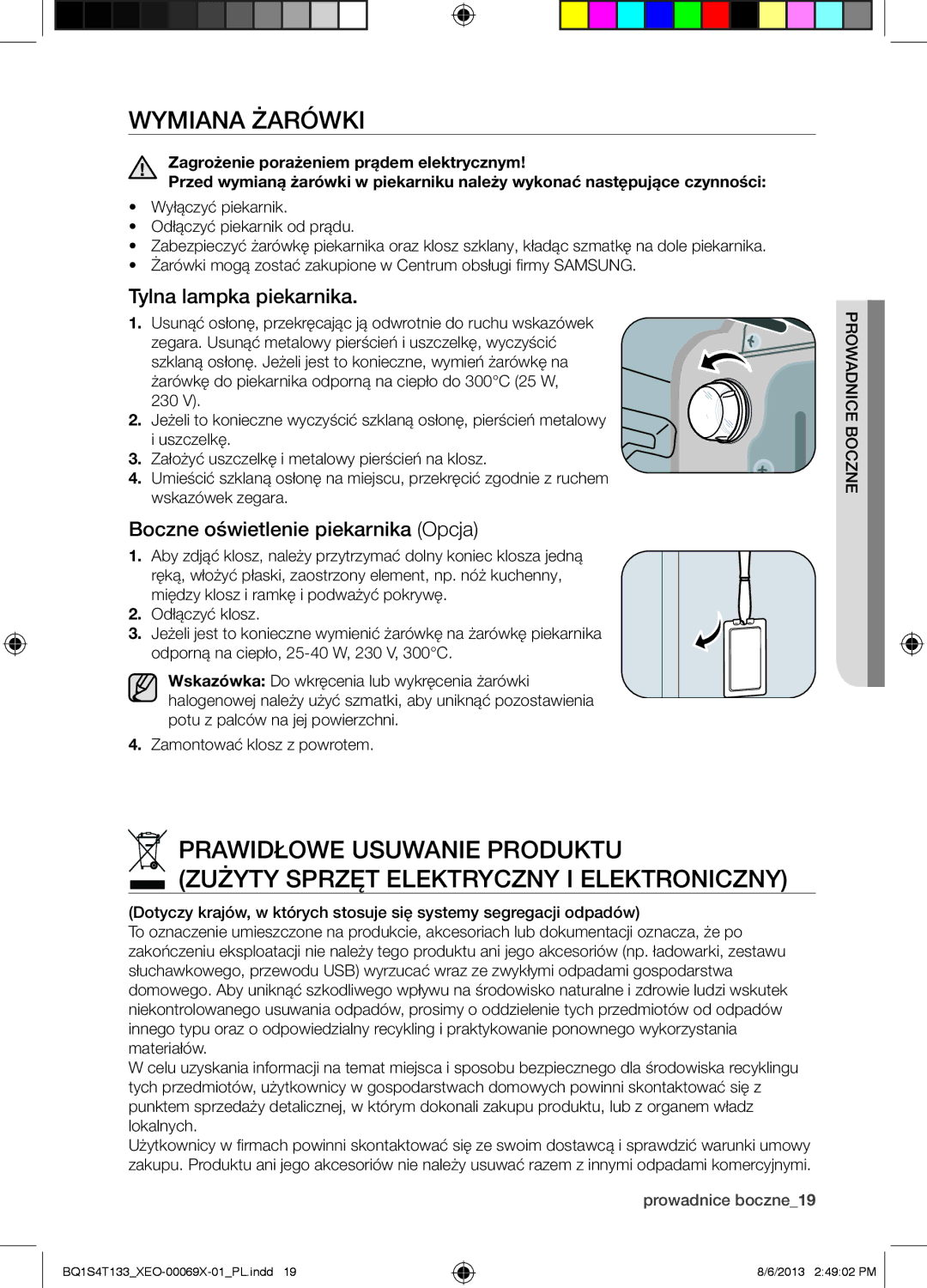 Samsung BQ1S4T133/XEO manual Wymiana Żarówki, Tylna lampka piekarnika, Boczne oświetlenie piekarnika Opcja 