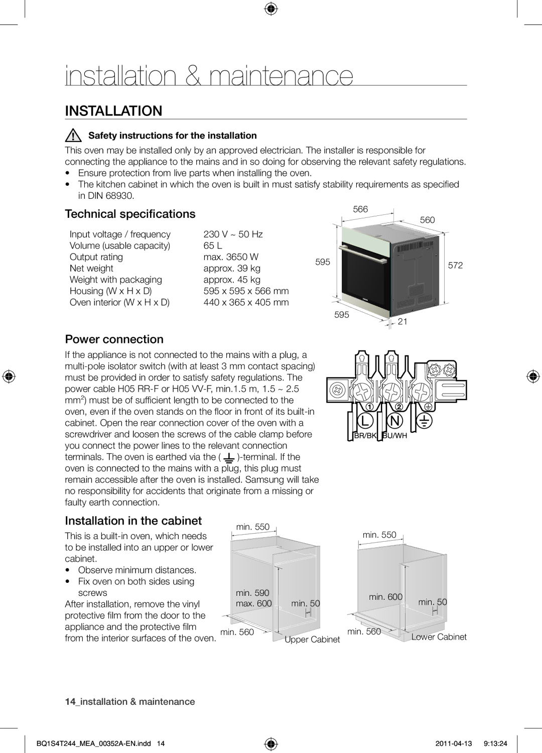 Samsung BQ1S4T244/MEA Installation & maintenance, Technical specifications, Power connection, Installation in the cabinet 