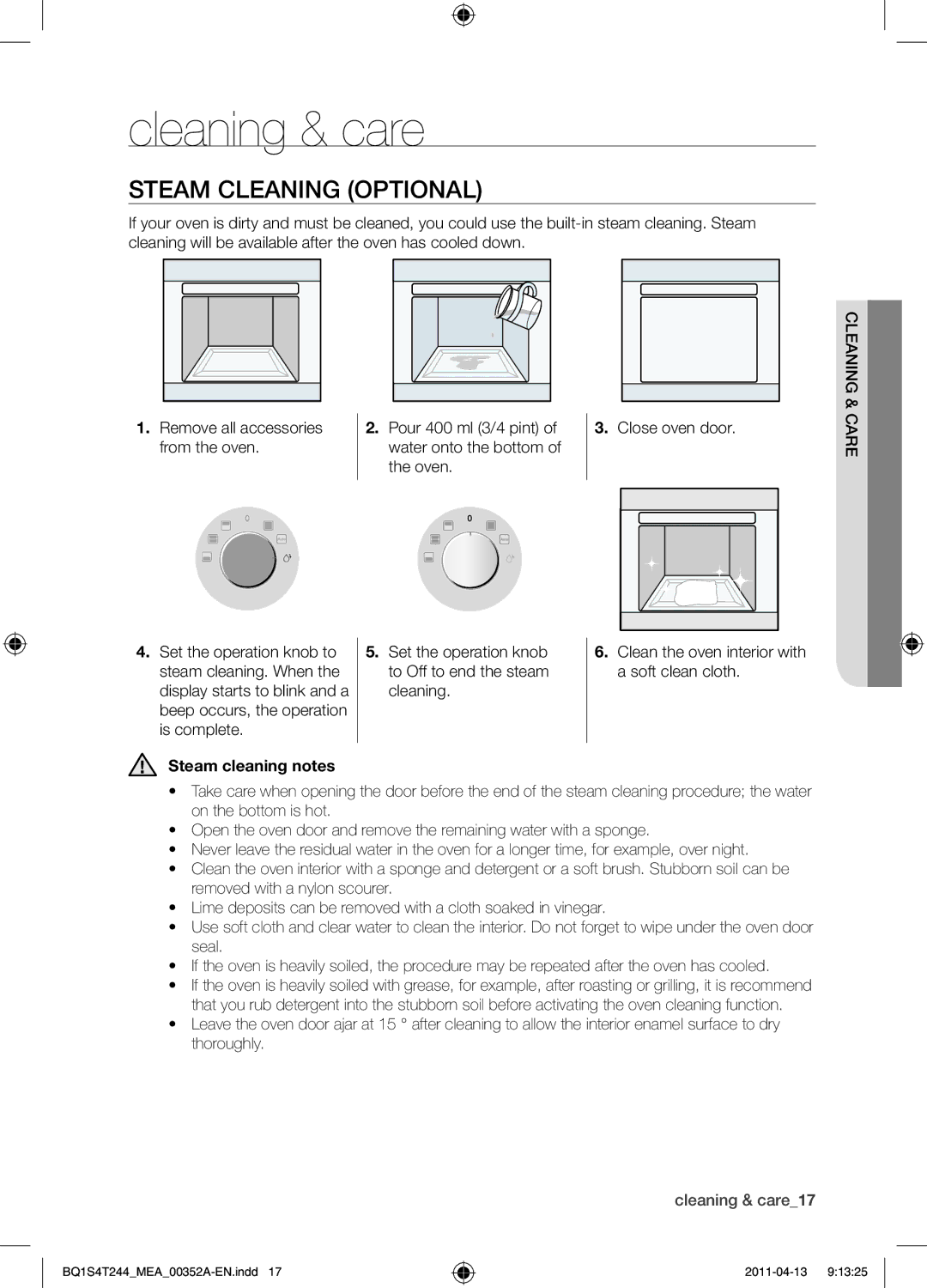 Samsung BQ1S4T244/MEA manual Cleaning & care, Steam cleaning Optional, Steam cleaning notes 