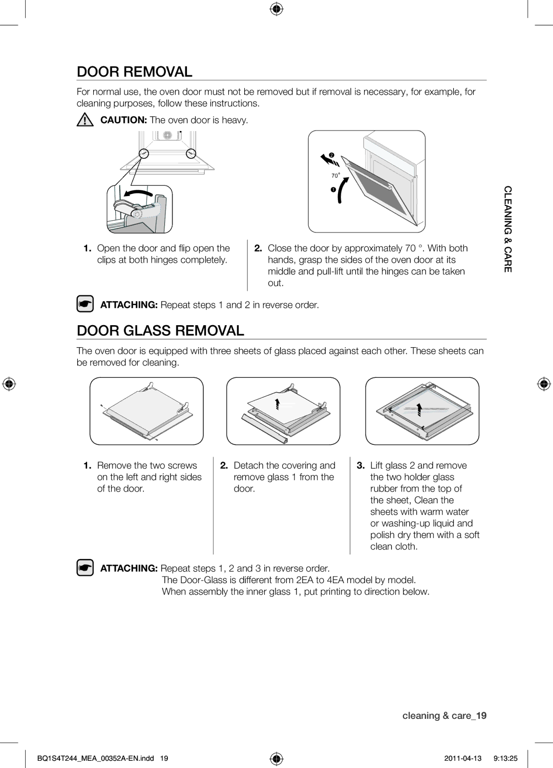 Samsung BQ1S4T244/MEA manual Door removal, Door glass removal, Out, Attaching Repeat steps 1 and 2 in reverse order 