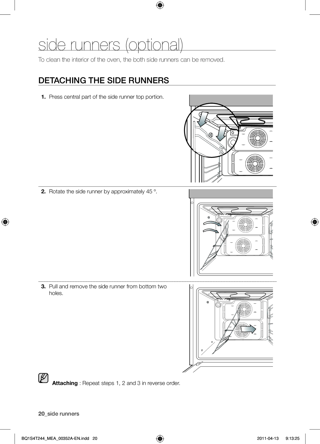 Samsung BQ1S4T244/MEA manual Side runners optional, Detaching the side runners 