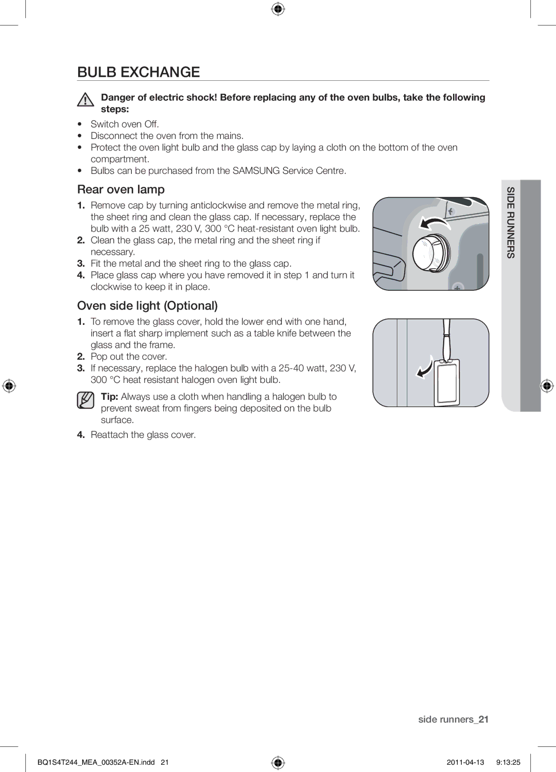 Samsung BQ1S4T244/MEA manual Bulb exchange, Rear oven lamp, Oven side light Optional, Sre e idsrunn 