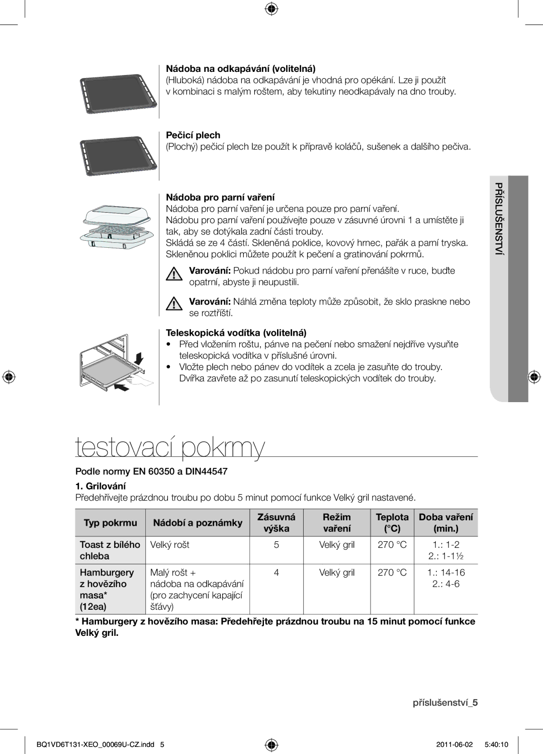 Samsung BQ1VD6T131/XEO manual Testovací pokrmy 