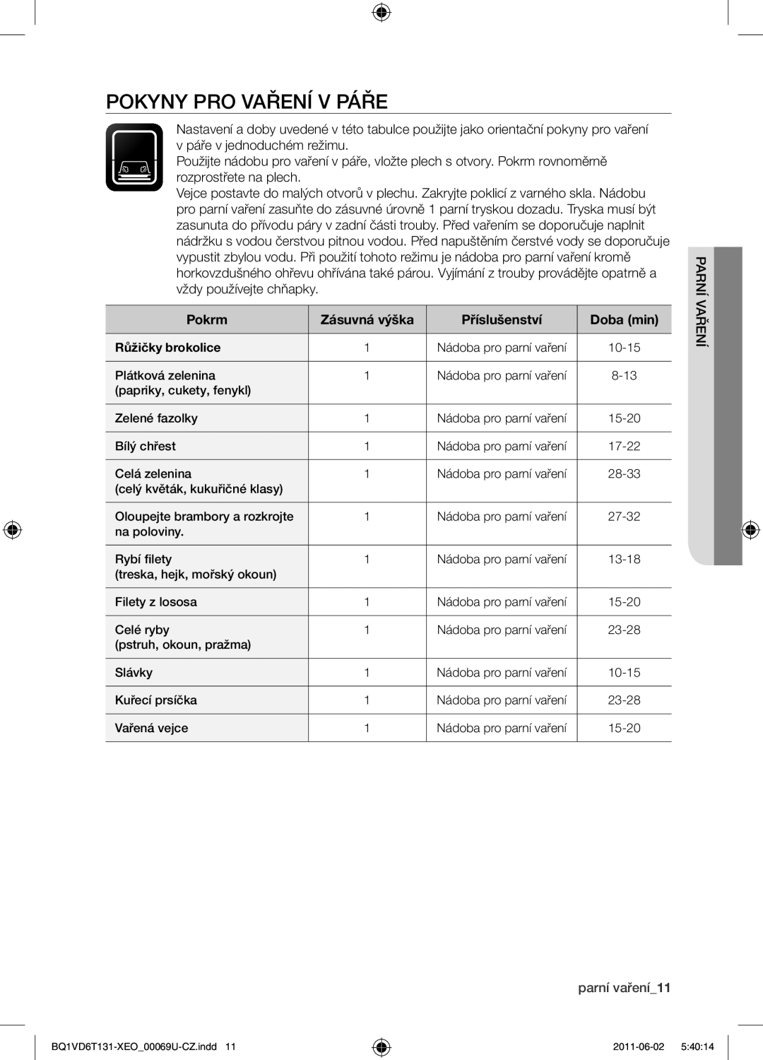 Samsung BQ1VD6T131/XEO manual Pokrm Zásuvná výška Příslušenství Doba min, Růžičky brokolice 