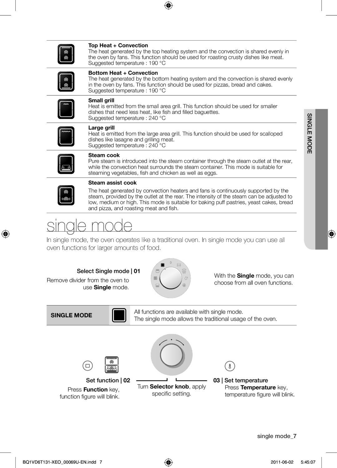 Samsung BQ1VD6T131/XEO manual Single mode, Single Mode 