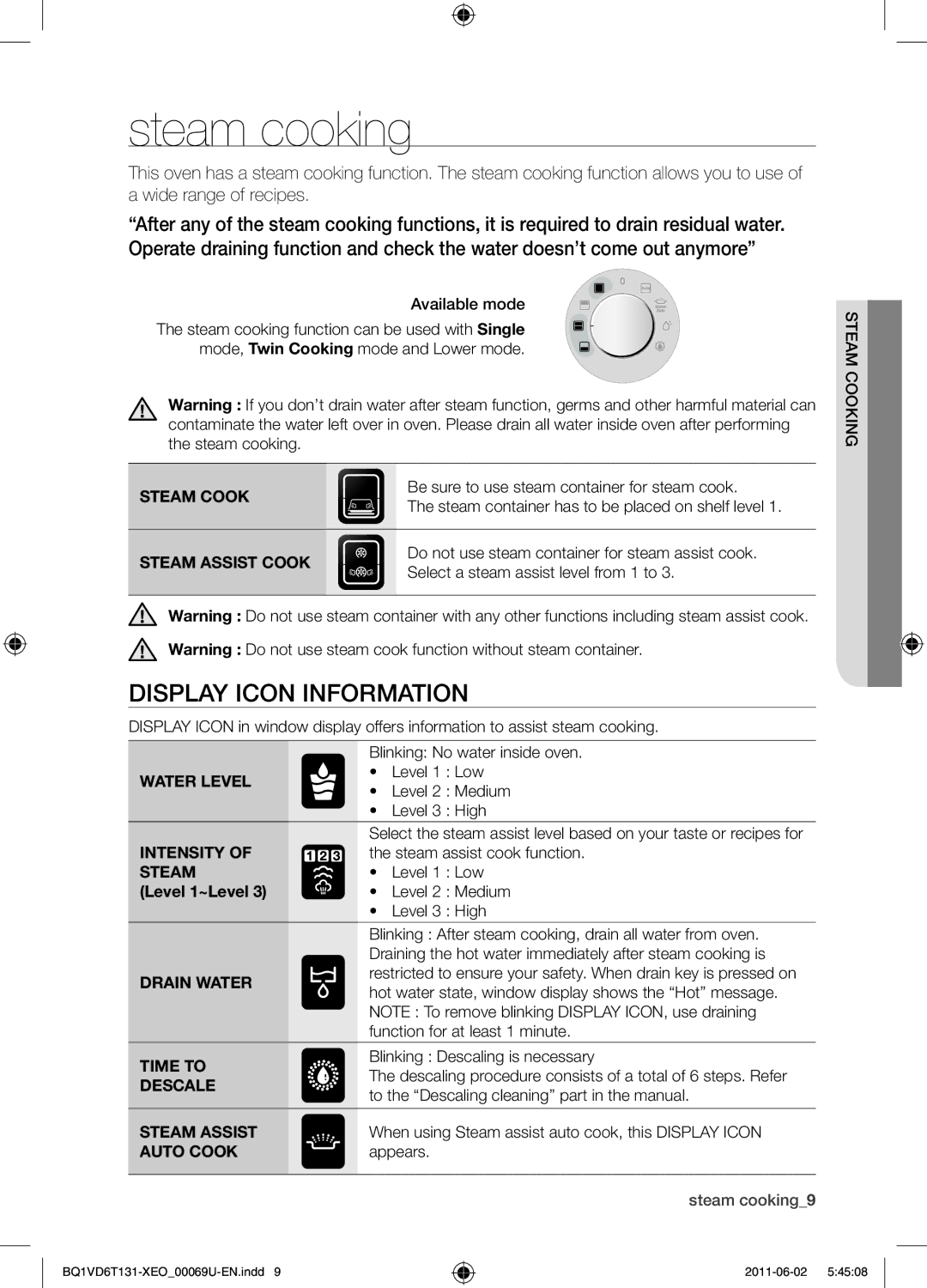 Samsung BQ1VD6T131/XEO manual Steam cooking, Display Icon Information 