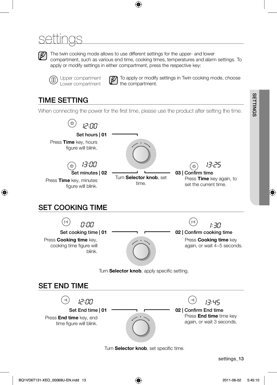 Samsung BQ1VD6T131/XEO manual Settings, Time setting, Set cooking time, Set end time, Press Cooking time key 