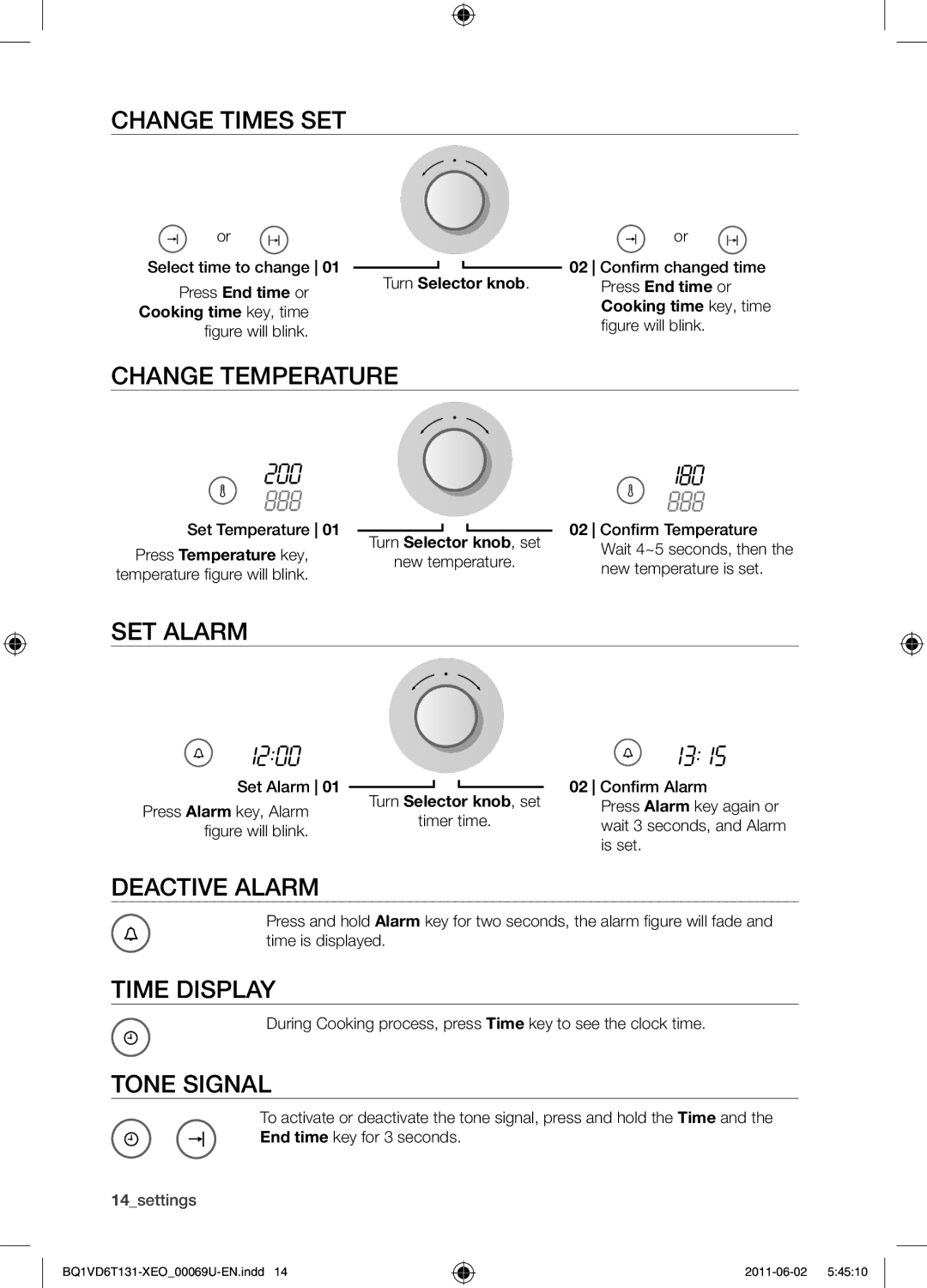 Samsung BQ1VD6T131/XEO manual Change times set, Change temperature, Set alarm, Deactive alarm, Time display, Tone signal 